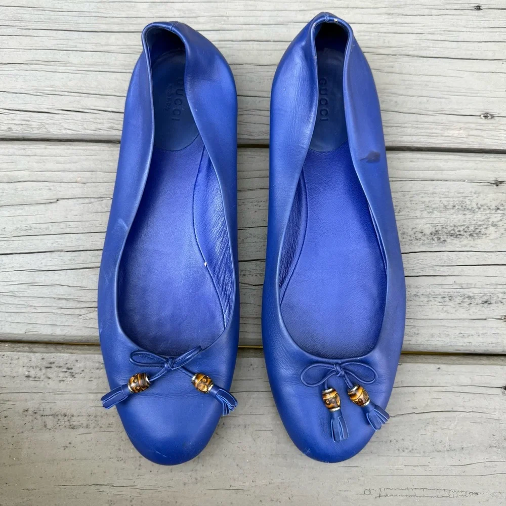 Gucci Blue Leather Bamboo Bow Ballet Flats Size 40 - Picture 6 of 16